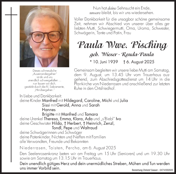 Traueranzeige von Paula Pisching von Dolomiten