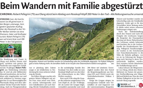 Traueranzeige von Robert Pellegrini von Dolomiten