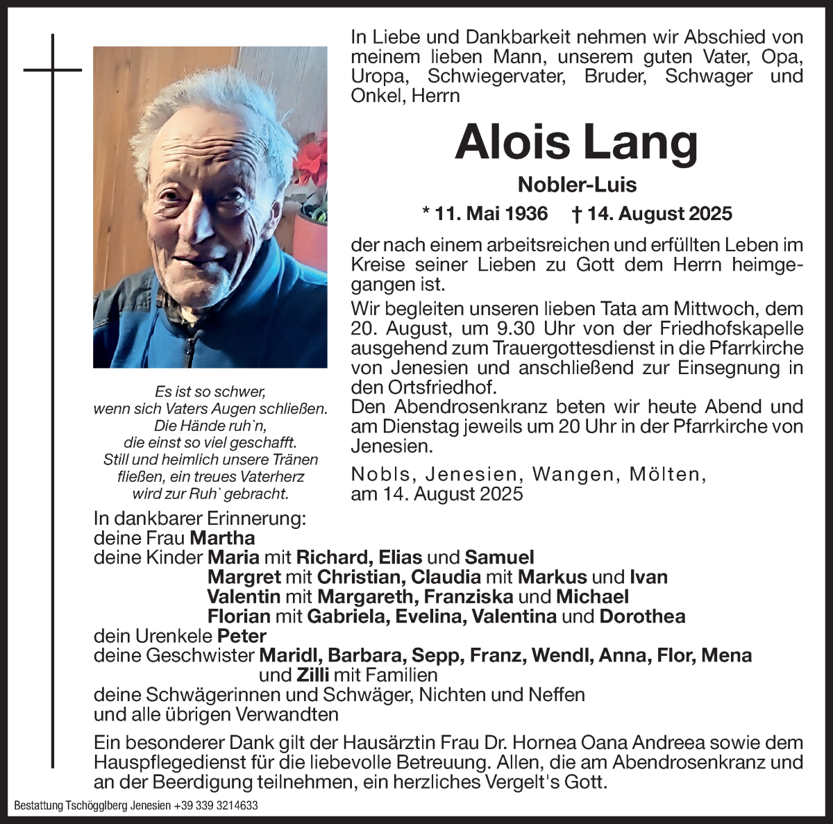  Traueranzeige für Alois Lang vom 18.08.2025 aus Dolomiten