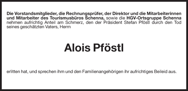 Traueranzeige von Alois Pföstl von Dolomiten