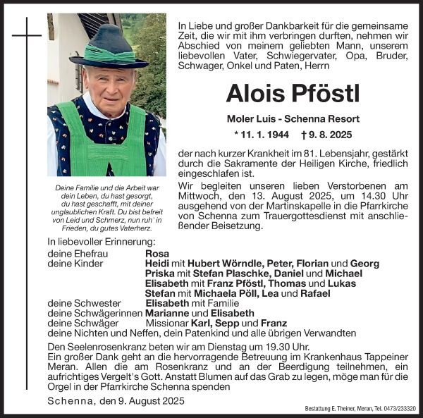 Traueranzeige von Alois Pföstl von Dolomiten