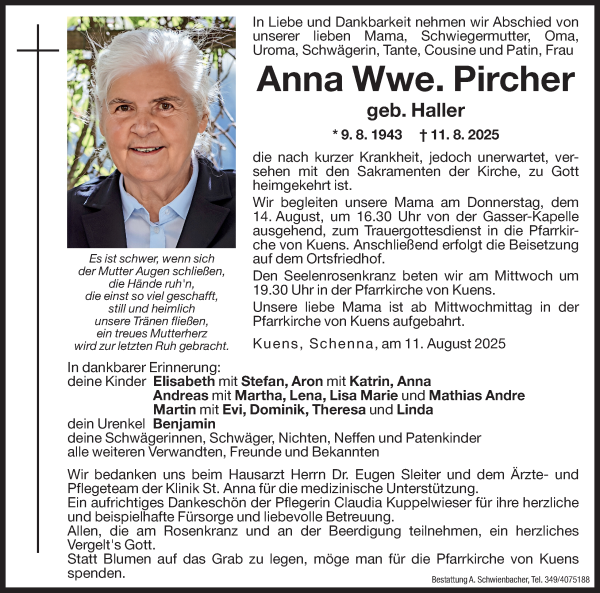 Traueranzeige von Anna Pircher von Dolomiten