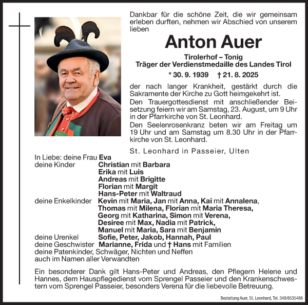 Traueranzeige von Anton Auer von Dolomiten