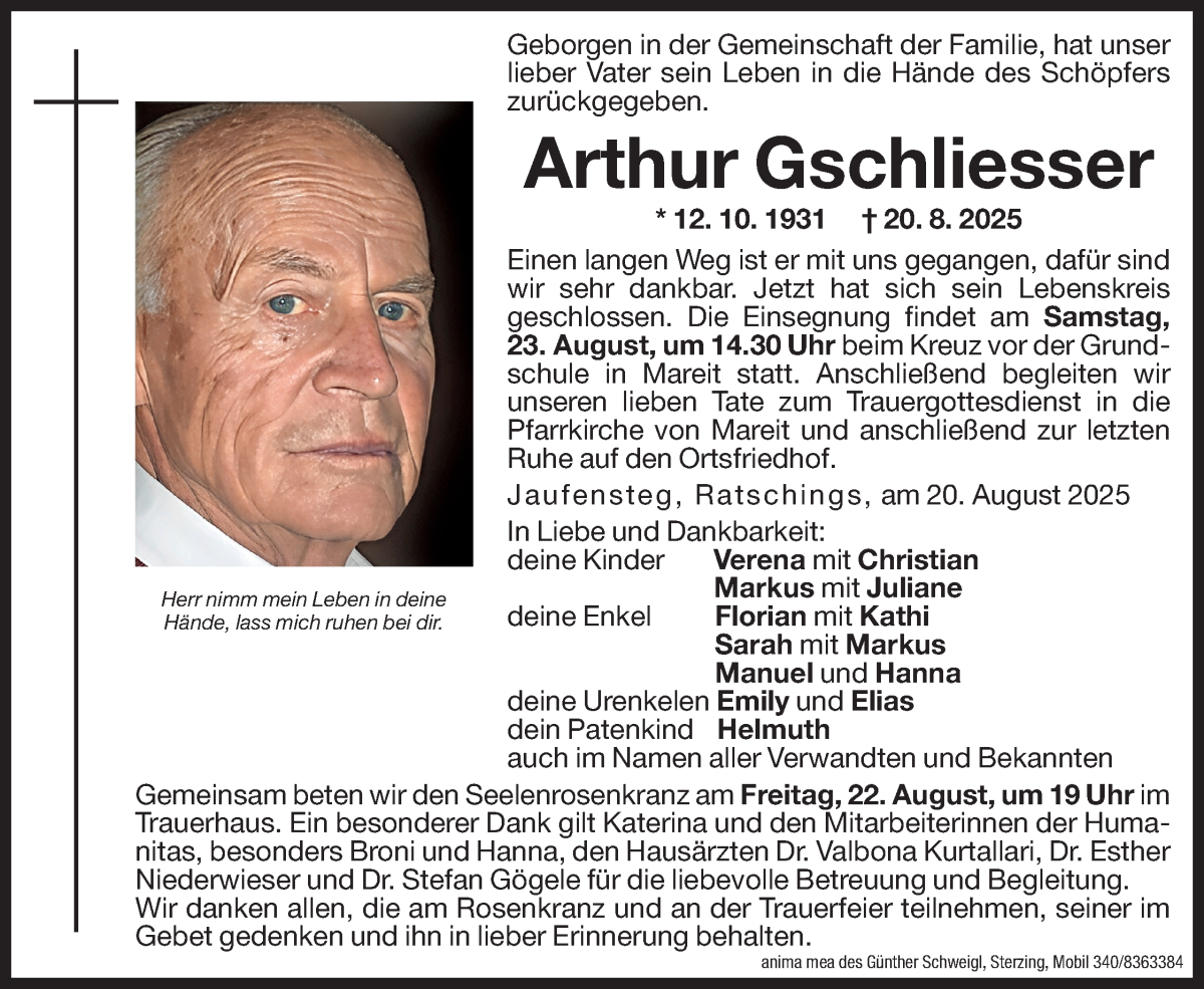  Traueranzeige für Arthur Gschliesser vom 22.08.2025 aus Dolomiten