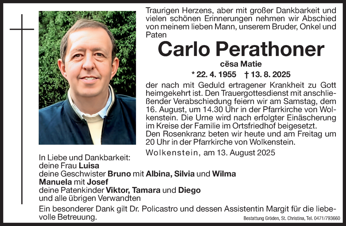  Traueranzeige für Carlo Perathoner vom 14.08.2025 aus Dolomiten