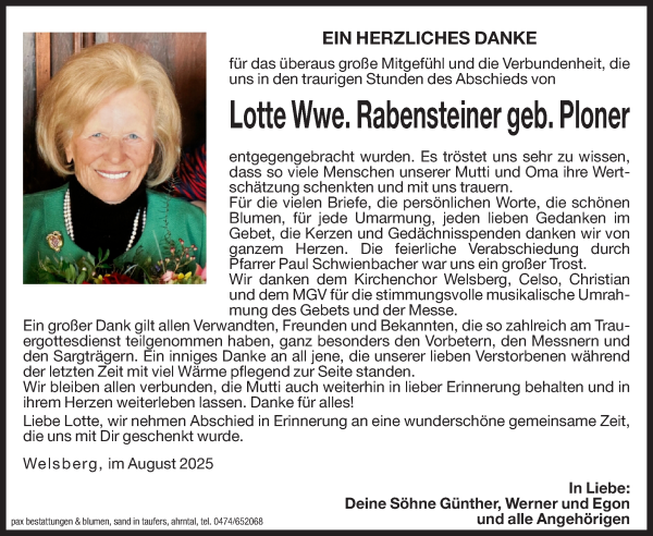 Traueranzeige von Charlotte Rabensteiner von Dolomiten