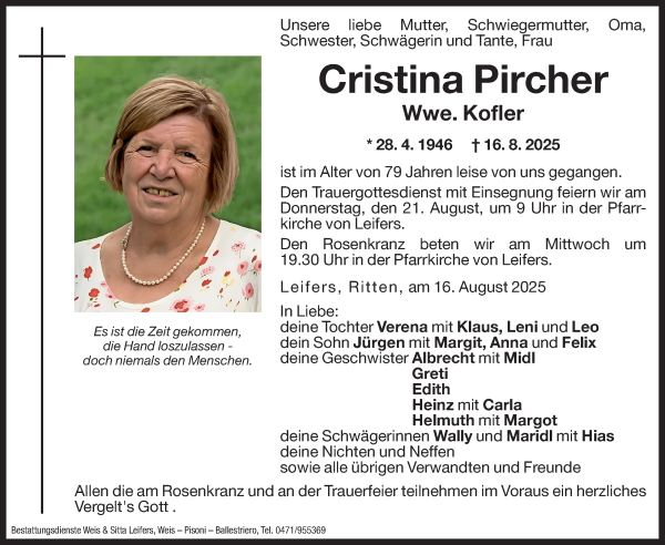 Traueranzeige von Cristina Kofler von Dolomiten