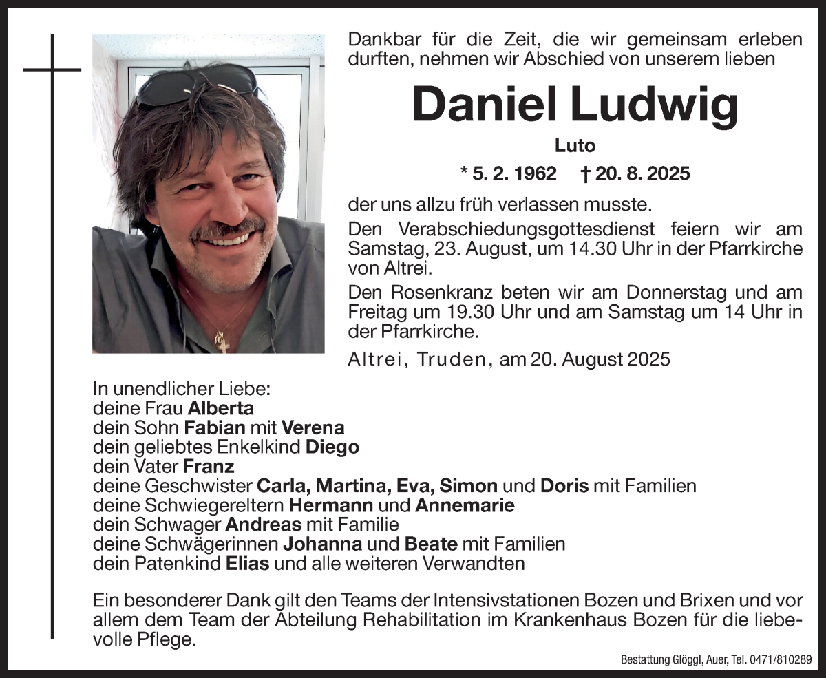  Traueranzeige für Daniel Ludwig vom 21.08.2025 aus Dolomiten