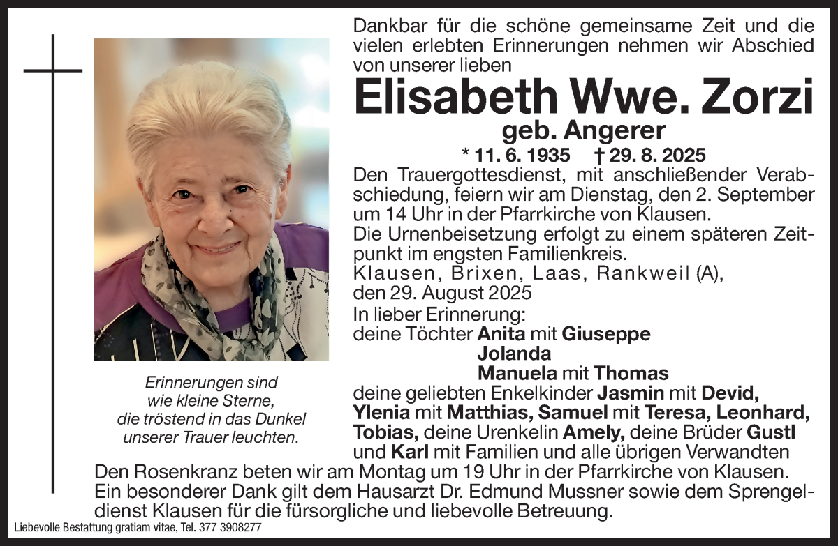  Traueranzeige für Elisabeth Zorzi vom 30.08.2025 aus Dolomiten