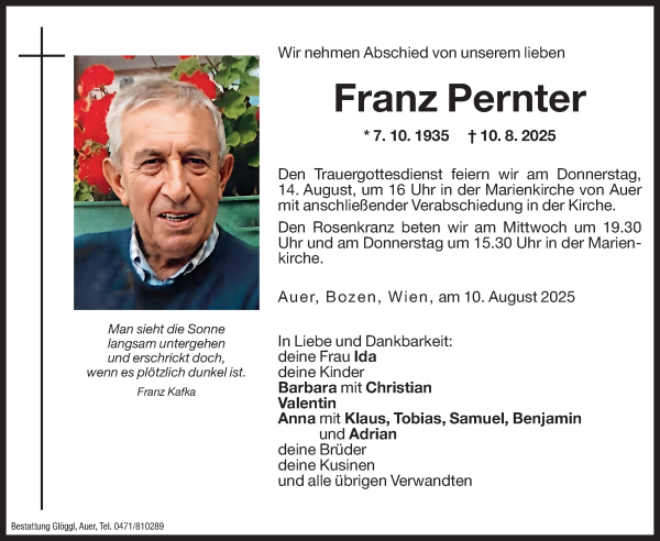 Traueranzeige von Franz Pernter von Dolomiten