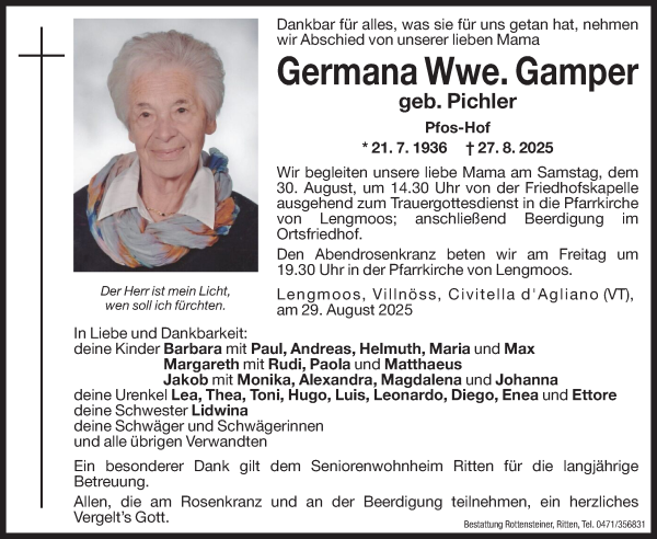 Traueranzeige von Germana Wwe. Gamper von Dolomiten