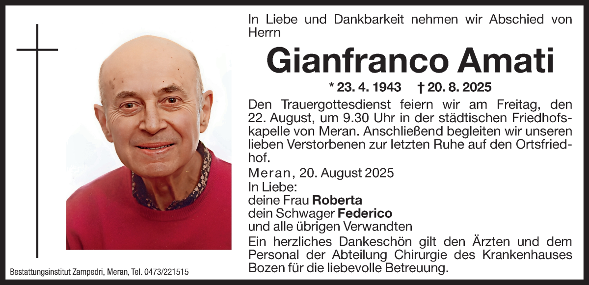  Traueranzeige für Gianfranco Amati vom 21.08.2025 aus Dolomiten