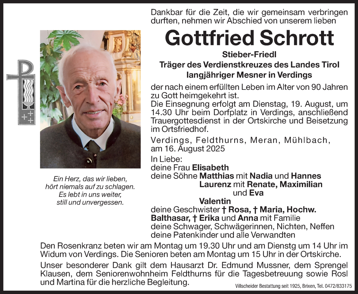  Traueranzeige für Gottfried Schrott vom 18.08.2025 aus Dolomiten