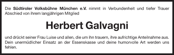 Traueranzeige von Herbert Galvagni von Dolomiten