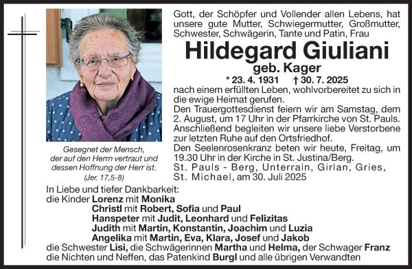 Traueranzeige von Hildegard Giuliani von Dolomiten