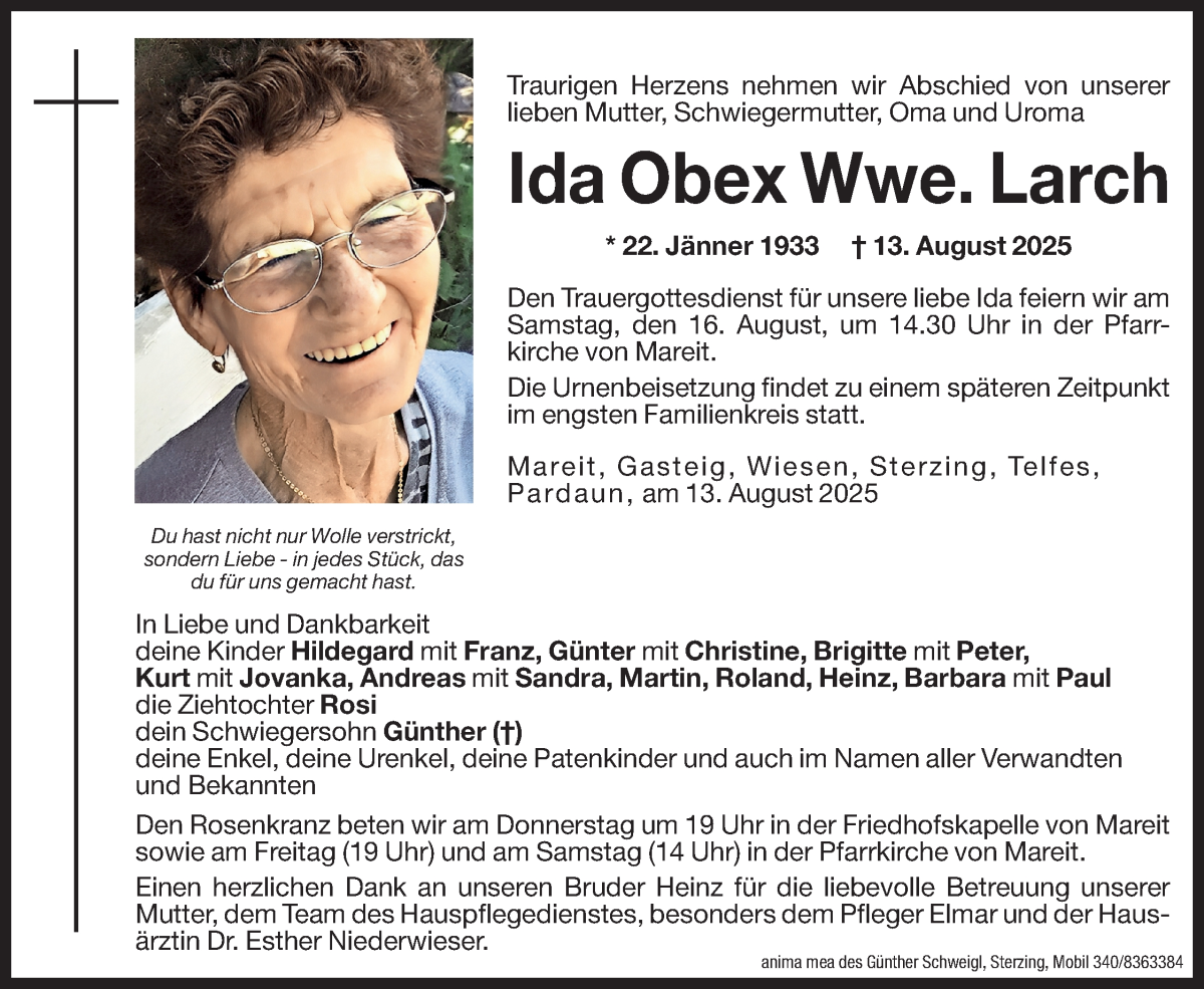  Traueranzeige für Ida Larch vom 14.08.2025 aus Dolomiten