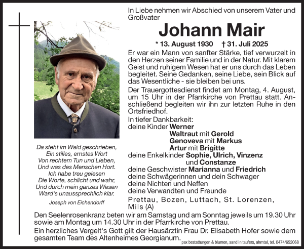 Traueranzeige von Johann Mair von Dolomiten