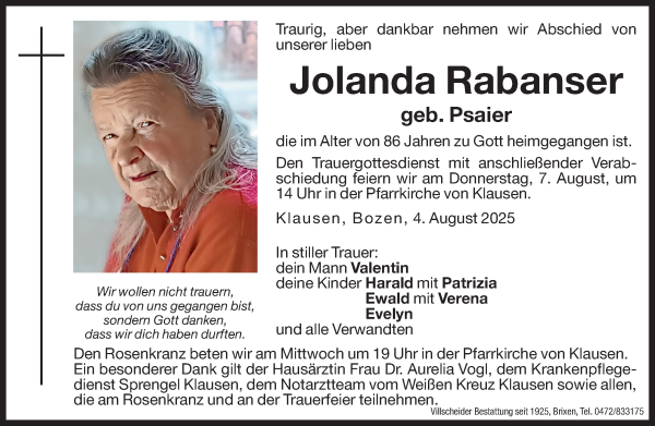 Traueranzeige von Jolanda Rabanser von Dolomiten