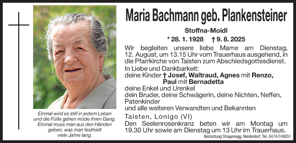Traueranzeige von Maria Bachmann von Dolomiten
