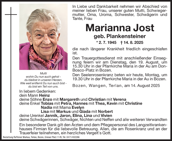 Traueranzeige von Marianna Jost von Dolomiten