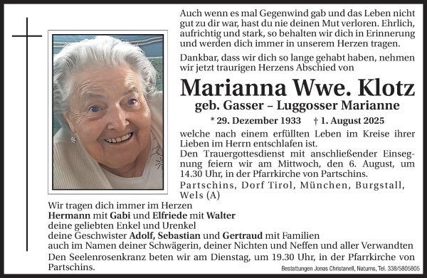 Traueranzeige von Marianna Klotz von Dolomiten