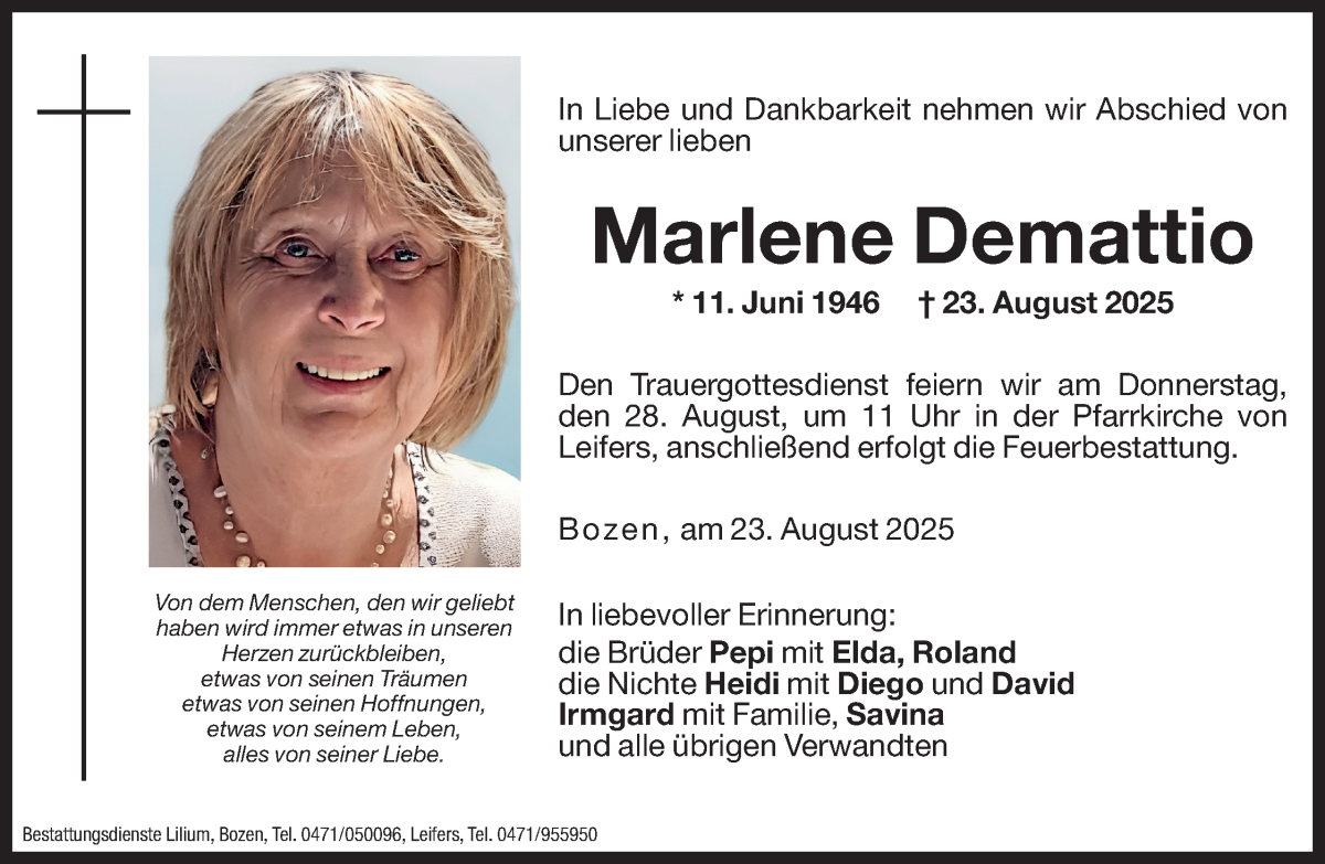  Traueranzeige für Marlene Demattio vom 27.08.2025 aus Dolomiten