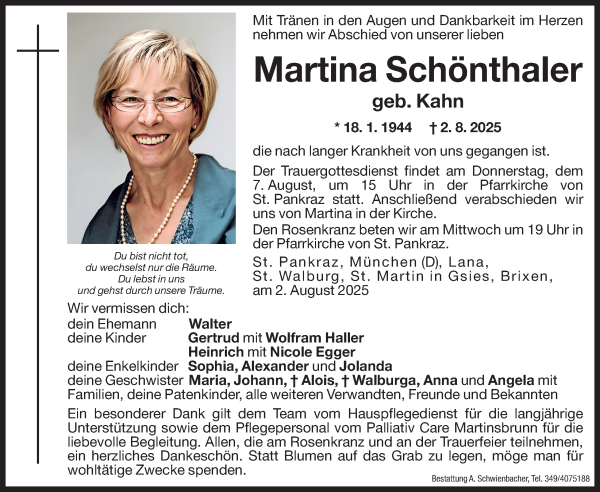 Traueranzeige von Martina Schönthaler von Dolomiten