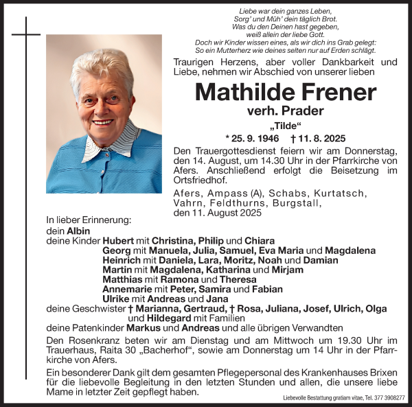 Traueranzeige von Mathilde Prader von Dolomiten