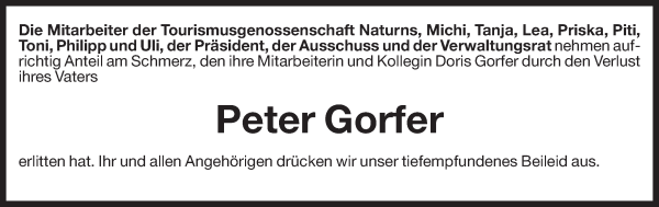 Traueranzeige von Peter Gorfer von Dolomiten
