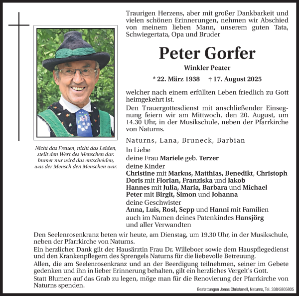 Traueranzeige von Peter Gorfer von Dolomiten