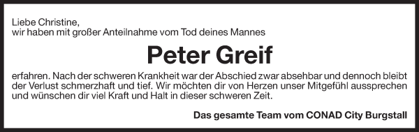 Traueranzeige von Peter Greif von Dolomiten