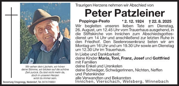 Traueranzeige von Peter Patzleiner von Dolomiten