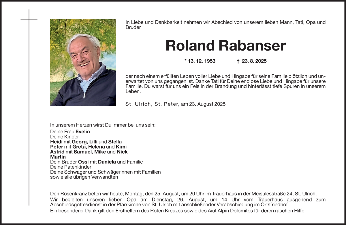  Traueranzeige für Roland Rabanser vom 25.08.2025 aus Dolomiten