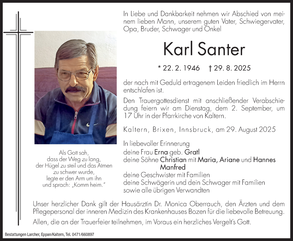  Traueranzeige für Karl Santer vom 30.08.2025 aus Dolomiten