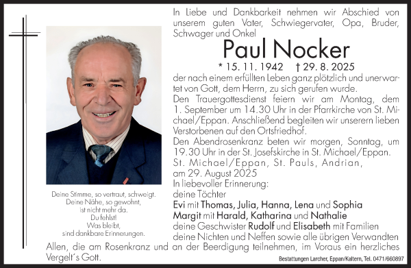 Traueranzeige von Paul Nocker von Dolomiten