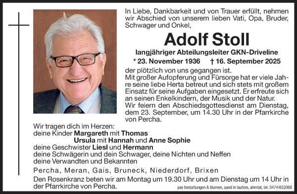 Traueranzeige von Adolf Stoll von Dolomiten