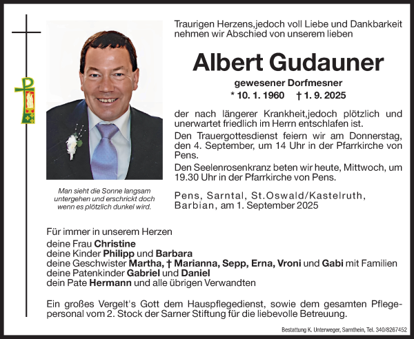 Traueranzeige von Albert Gudauner von Dolomiten
