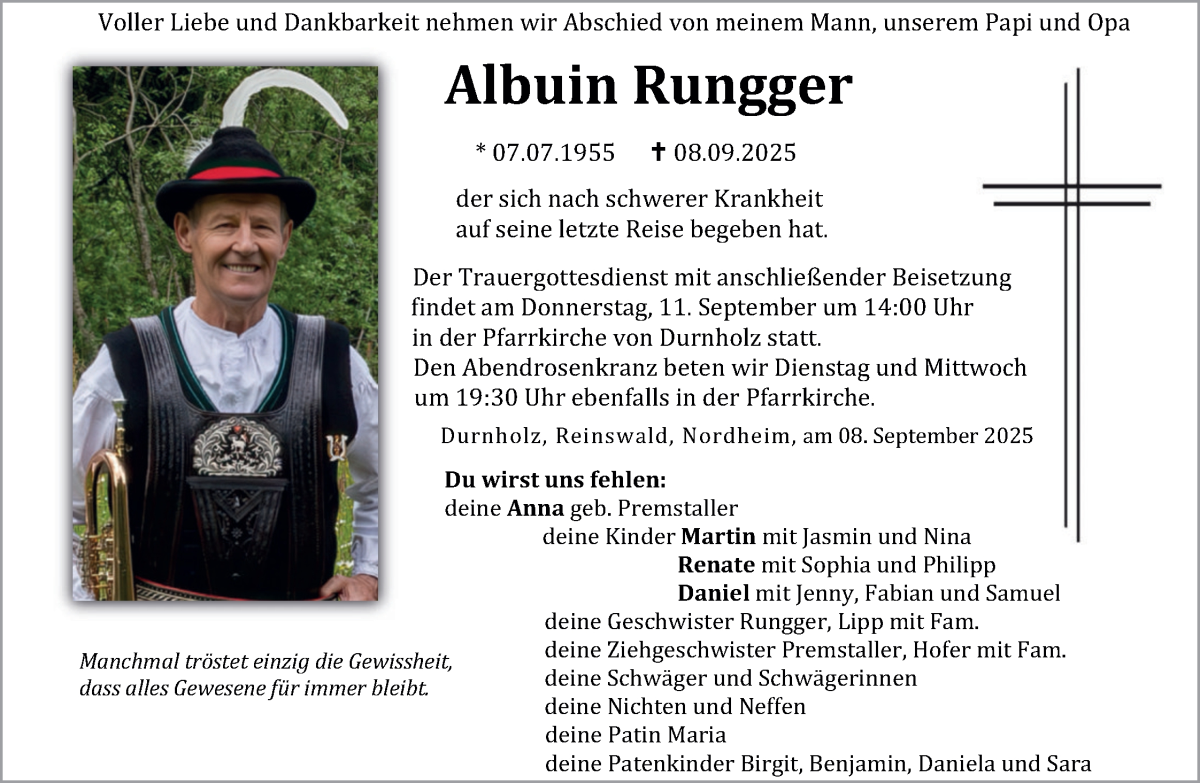  Traueranzeige für Albuin Rungger vom 09.09.2025 aus Dolomiten