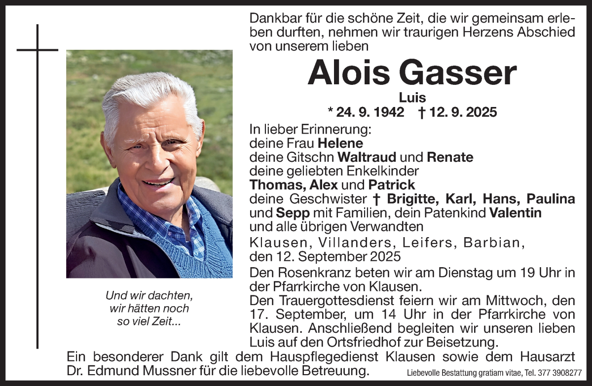  Traueranzeige für Alois Gasser vom 13.09.2025 aus Dolomiten