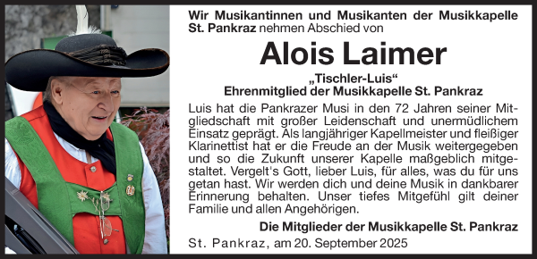 Traueranzeige von Alois Laimer von Dolomiten