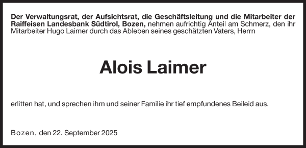 Traueranzeige von Alois Laimer von Dolomiten