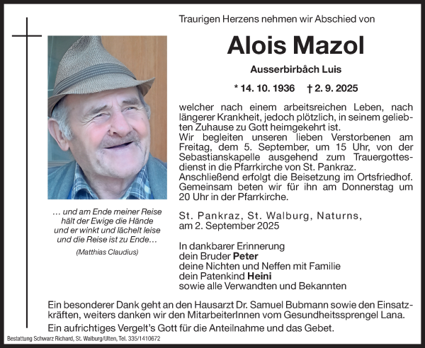 Traueranzeige von Alois Mazol von Dolomiten
