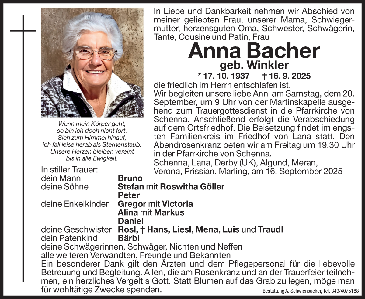  Traueranzeige für Anna Bacher vom 18.09.2025 aus Dolomiten