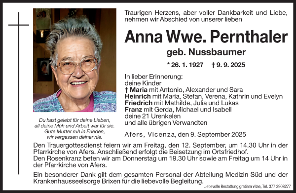 Traueranzeige von Anna Pernthaler von Dolomiten