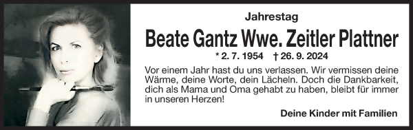 Traueranzeige von Beate Zeitler Plattner von Dolomiten