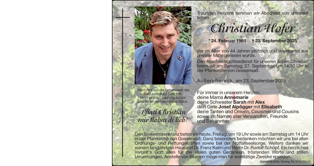  Traueranzeige für Christian Hofer vom 26.09.2025 aus Dolomiten