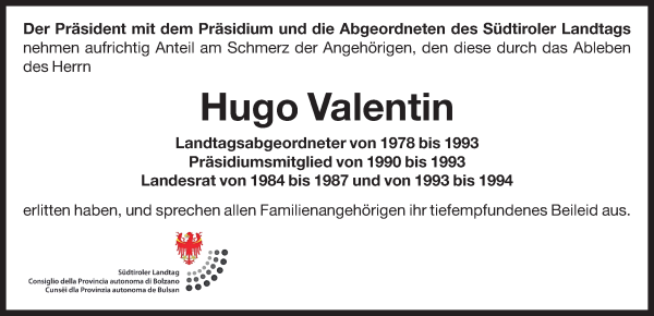 Traueranzeige von Dr. Hugo Valentin von Dolomiten