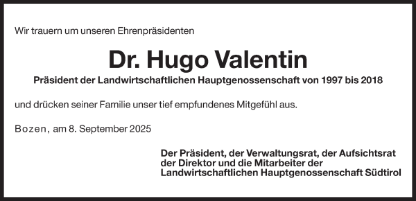 Traueranzeige von Dr. Hugo Valentin von Dolomiten