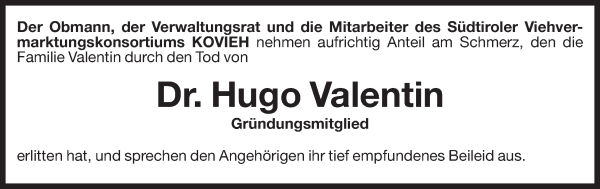 Traueranzeige von Dr. Hugo Valentin von Dolomiten