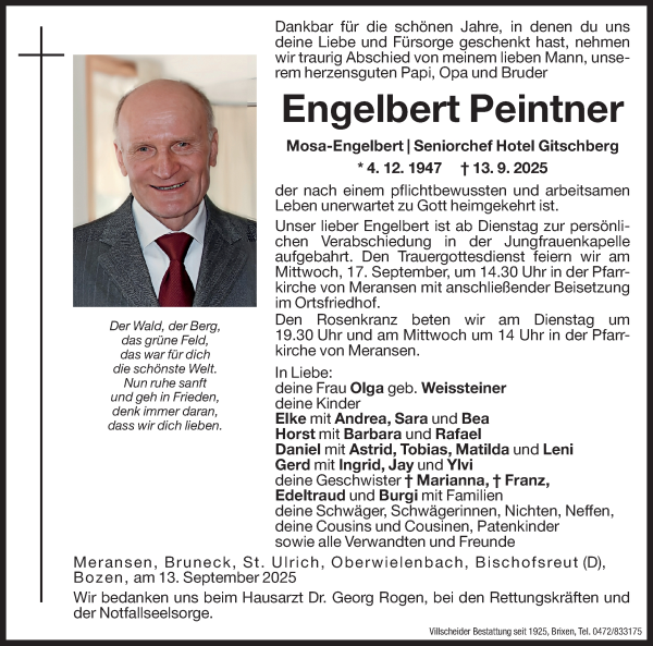 Traueranzeige von Engelbert Peintner von Dolomiten